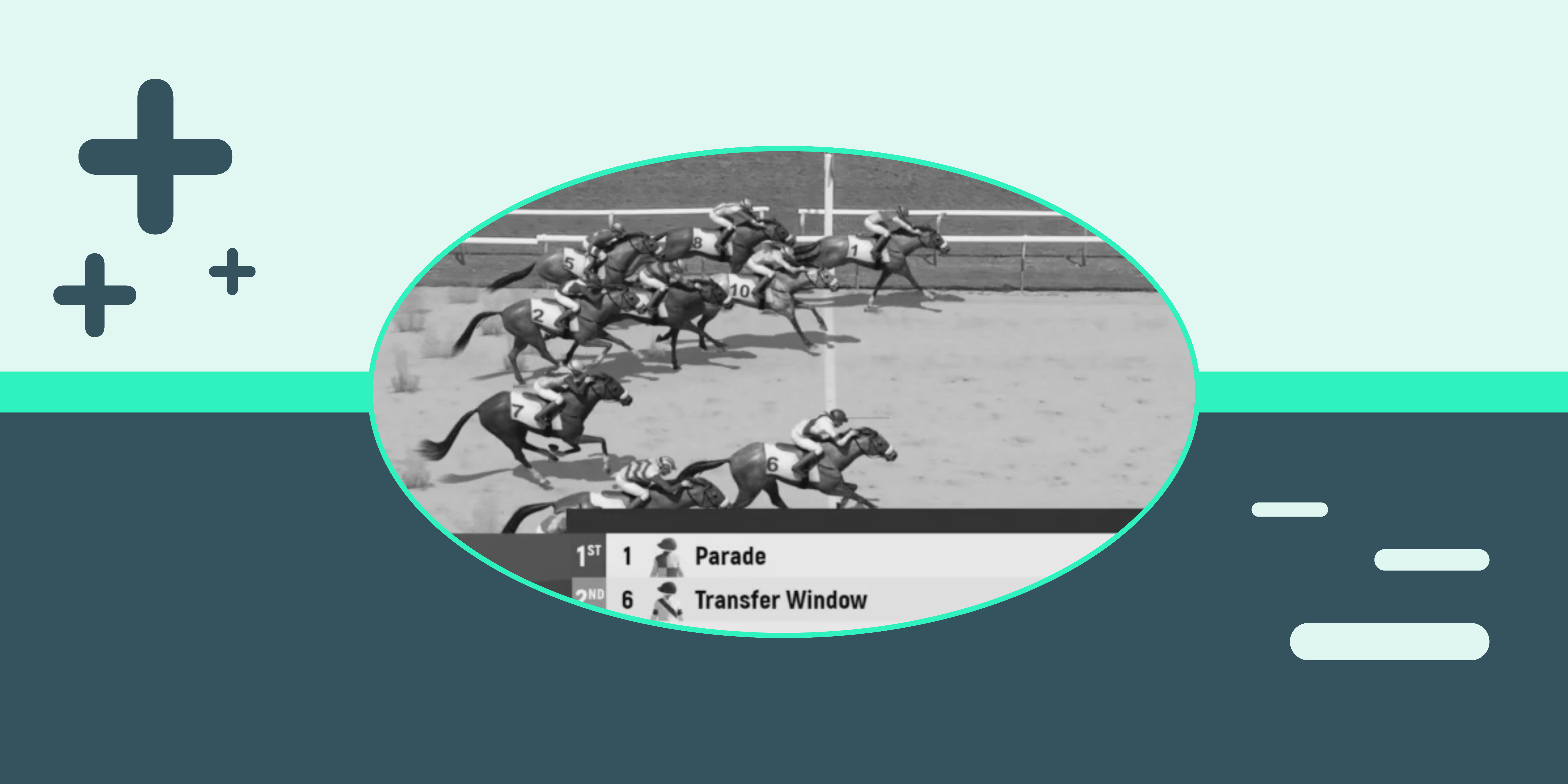 A virtual horse race, with plus and minus sign graphics to represent matched betting